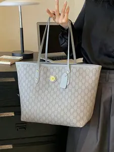 Soft Gray All Over Monogram M Print Oversized Tote Bag, Gold Round Logo Spacious Laptop Shoulder Handbag for Office Daily Use, Lightweight Casual Everyday Purse for Women