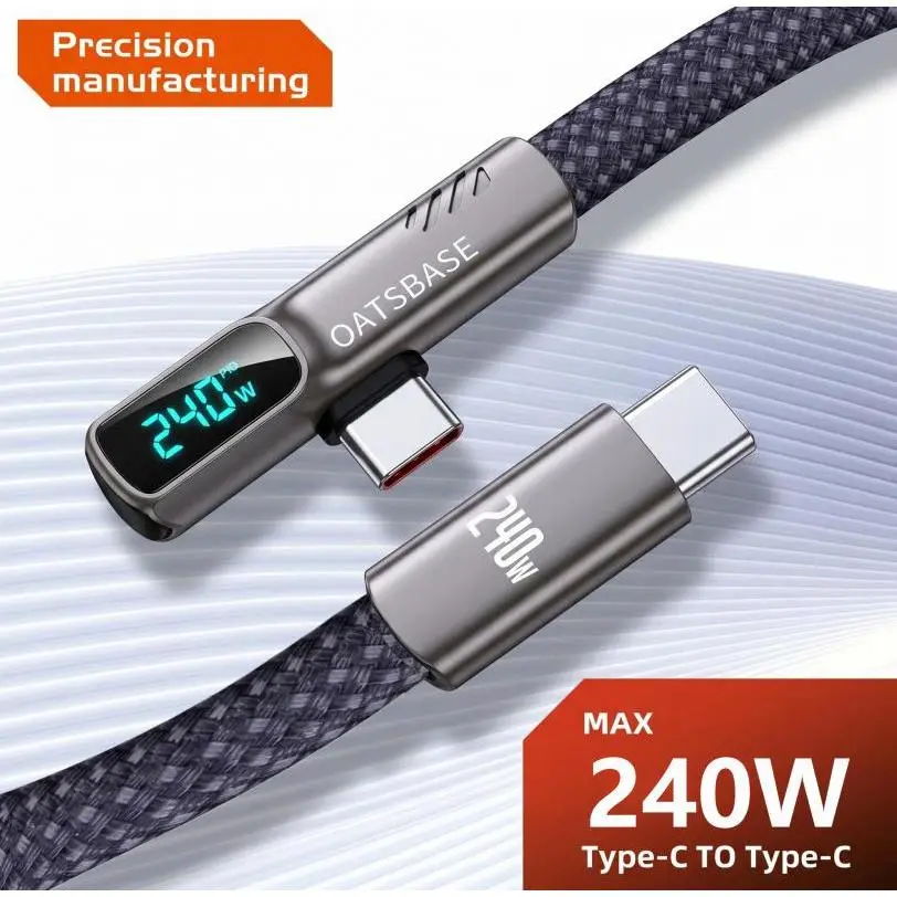 240W USB C to USB C Cable with Smart Digital Display, Right Angle Ultra-Flat Nylon Braided Design Flush to Device, Fast Charge & Data Sync Cord for Gaming Phone Tablet, Real-Time Power Monitor, 6ft Black