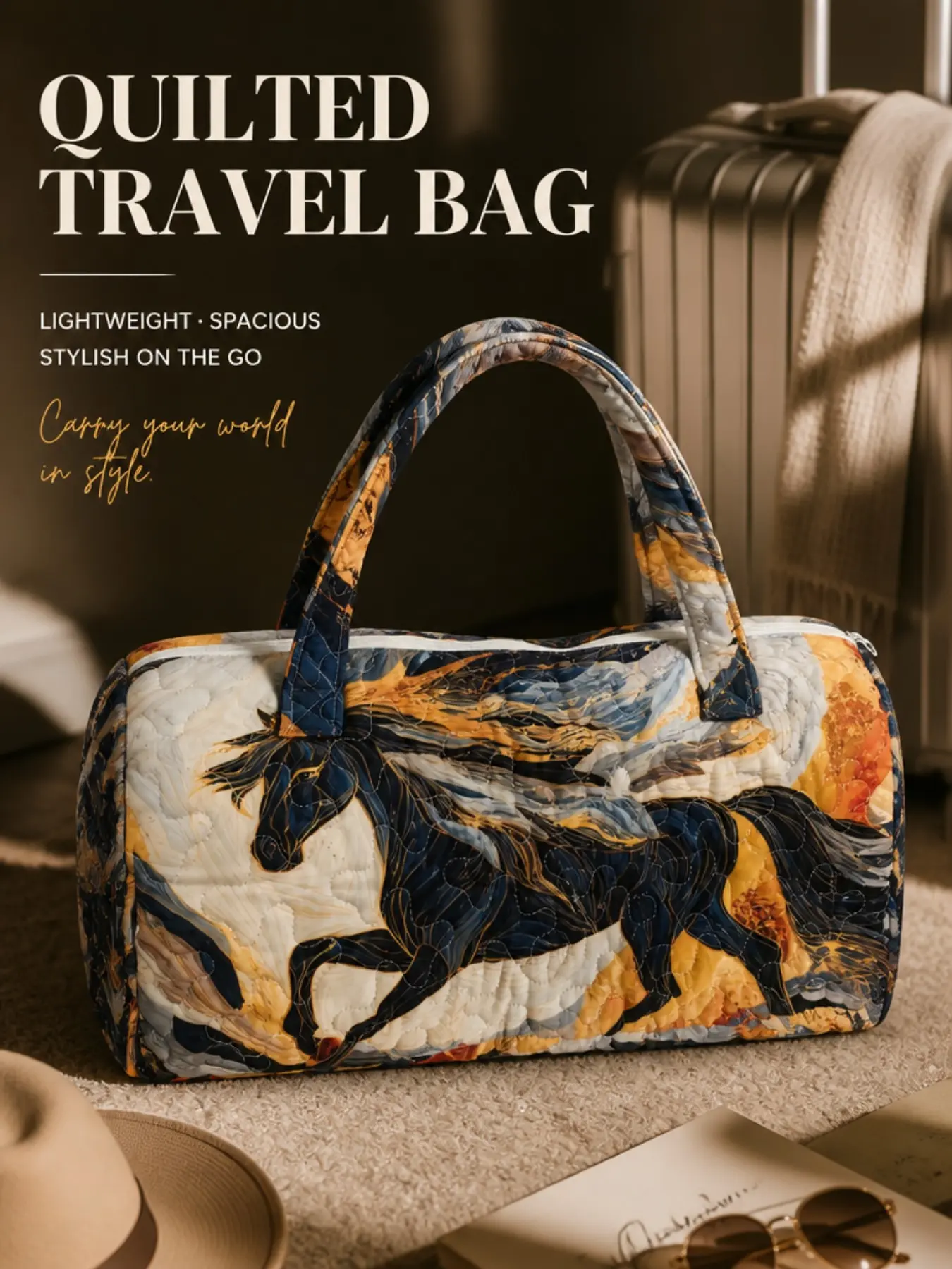 Horse Print Quilted Handbag, Large Capacity Soft Quilted Weekend Travel Bag, Lightweight Overnight Fitness Luggage, Ideal for Outdoor Trips and Vacations, Travel Duffel Bags