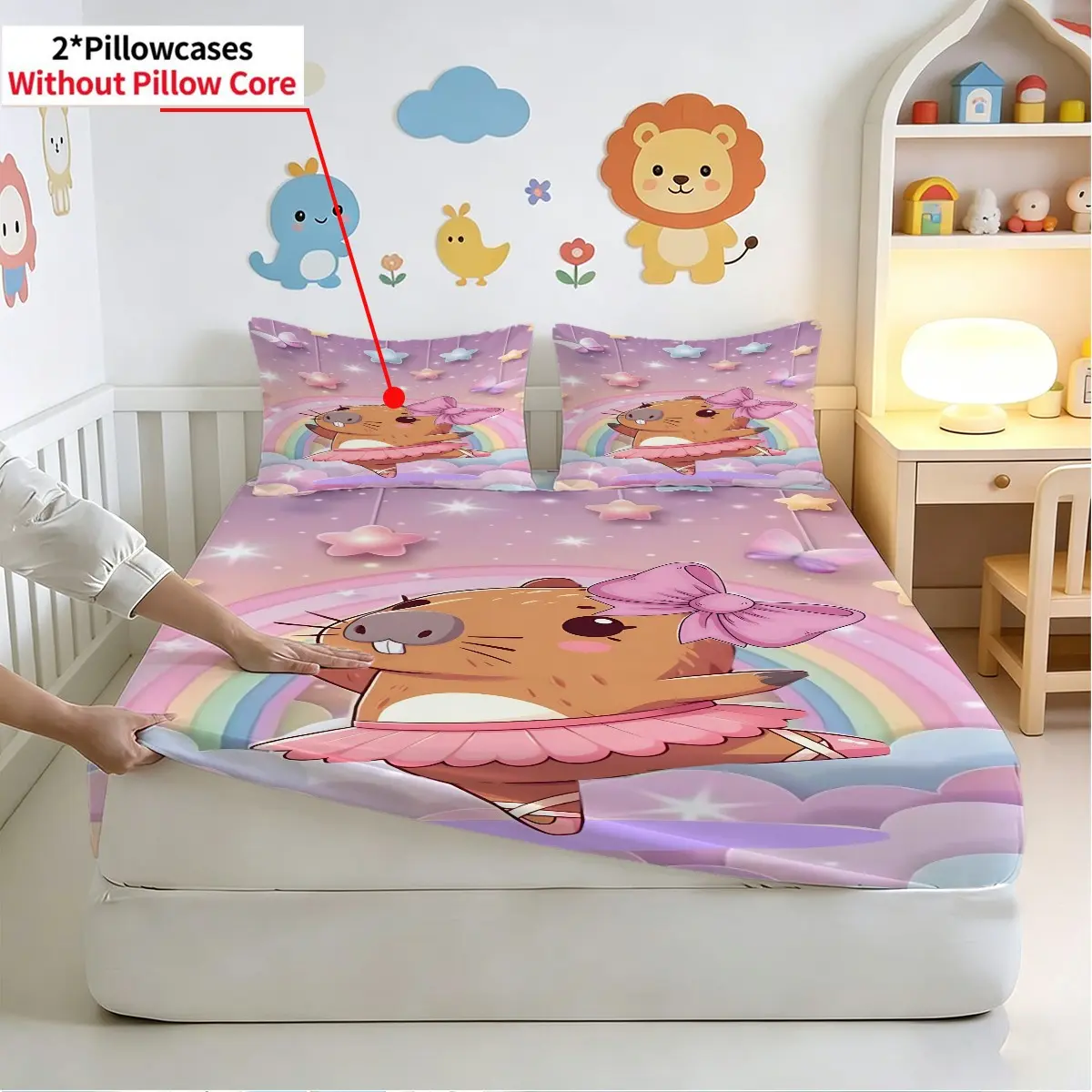 3pcs Capibala Ballet Rainbow Pattern Printed Fitted Sheet Set (1 Fitted Sheet And 2 Pillowcases, Without Pillow Core) Rainbow And Starry Sky Theme, Colorful Digital Printed, Soft Deep Edge Design, Breathable Soft Bedding, For Bedroom Decor