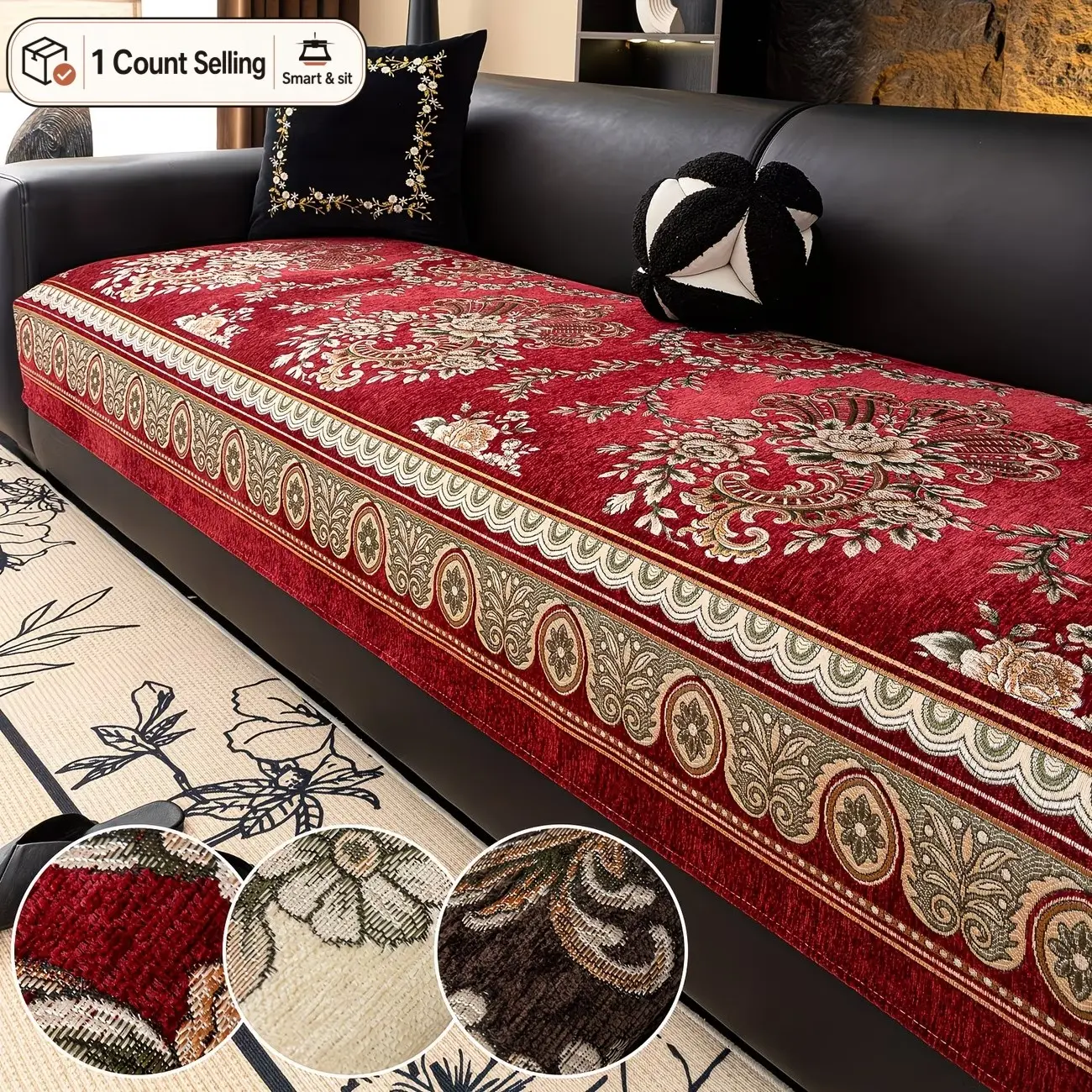 1pc European & Chinese Style Luxury Chenille, Decorative Sofa Cover, Jacquard Floral Pattern, Anti-Slip & Cat Scratch Resistant, All-Season One-Piece for 3/2/4-Seater & Sectional Sofas, Machine Washable, Home Decor, Durable Soft Fabric