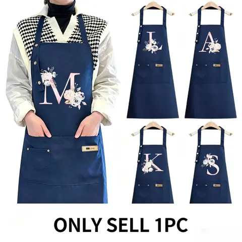 Letter & Floral Pattern Apron, 1 Count Adjustable Shoulder Strap & Large Pocket Apron With Pockets, Professional Apron for Cooking, Gardening, Painting, Baking, Kitchen Aprons