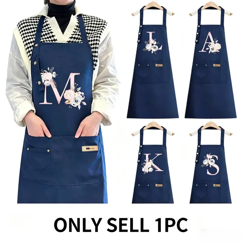 Letter & Floral Pattern Apron, 1 Count Adjustable Shoulder Strap & Large Pocket Apron With Pockets, Professional Apron for Cooking, Gardening, Painting, Baking, Kitchen Aprons