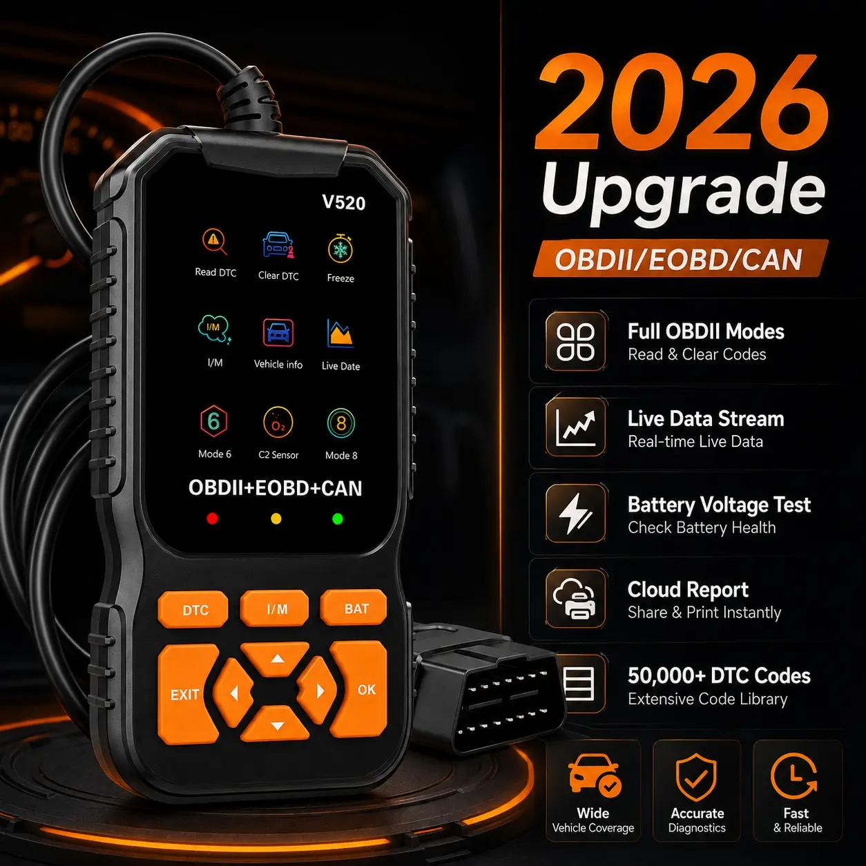 V520 2026 New Obd2 Scanner, Car Code Reader with Live Data Stream, Check Engine Light Reset Tool, Professional Auto Diagnostic Device, 8 Languages