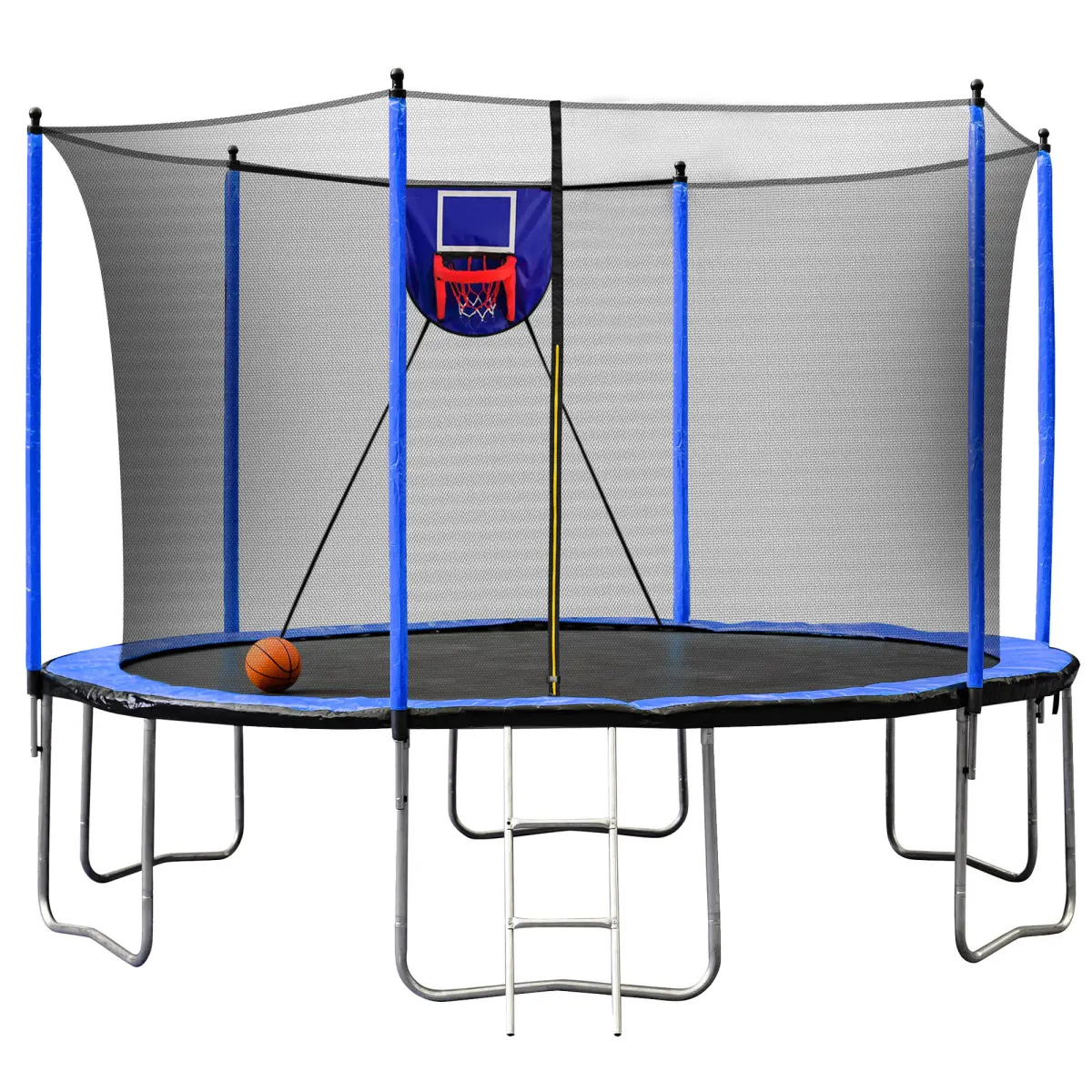 15FT Round Trampoline with Galvanized Steel Frame for Kids and Adults, Outdoor Backyard Play Set with Safety Enclosure, Ladder, and Basketball Hoop - Blue, Safety Nets, Backyard Fun, Enclosure Net Protection System, Foam Padded Safety Enclosure Poles