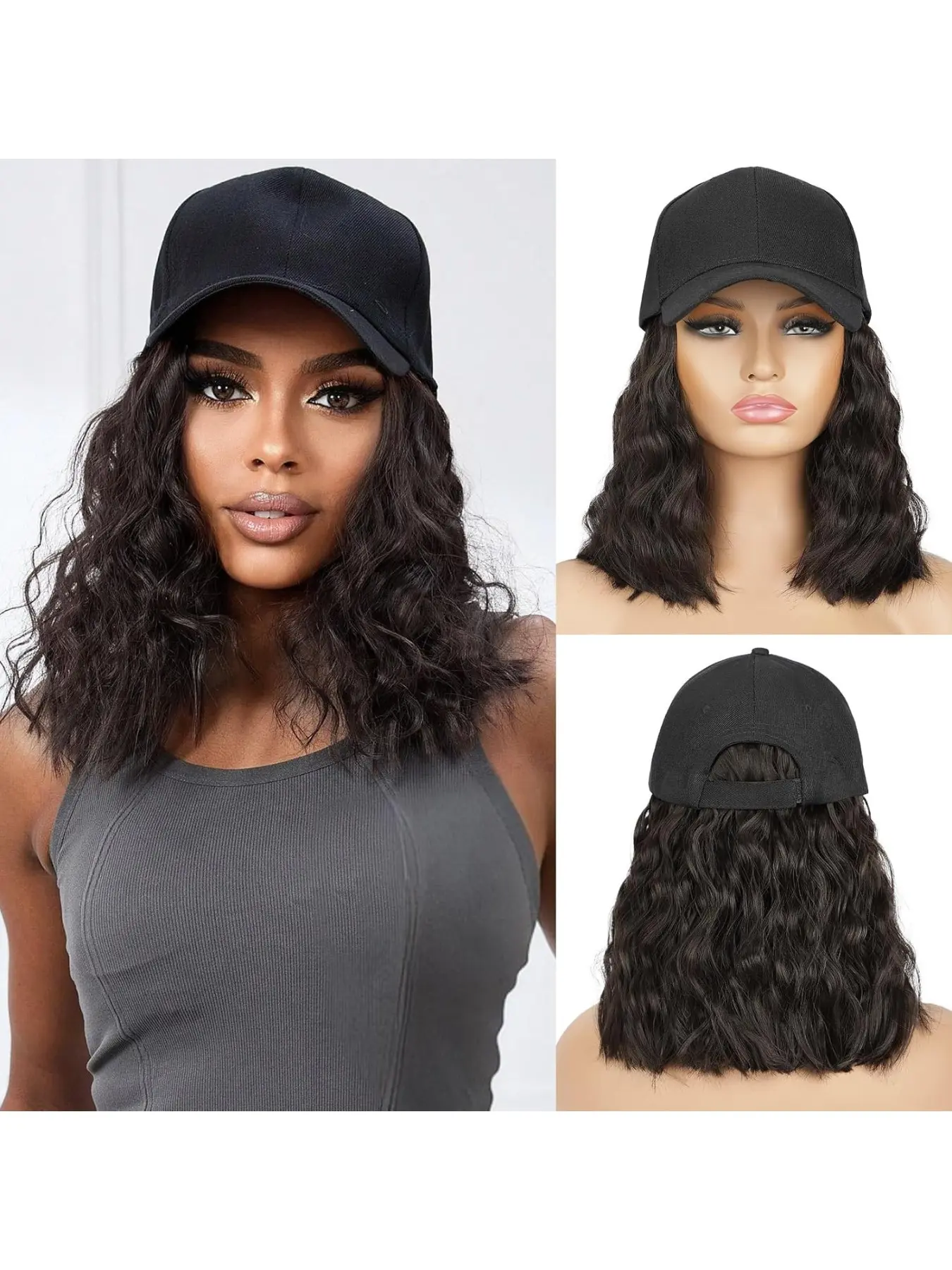Baseball Hat Wig,Hat with Hair attached 14'' Adjustable Black Cap with Wavy Curly Synthetic Bob Hair Extensions for Women Girls Bouncy Curly Wig Synthetic Wigs(Dark Brown)