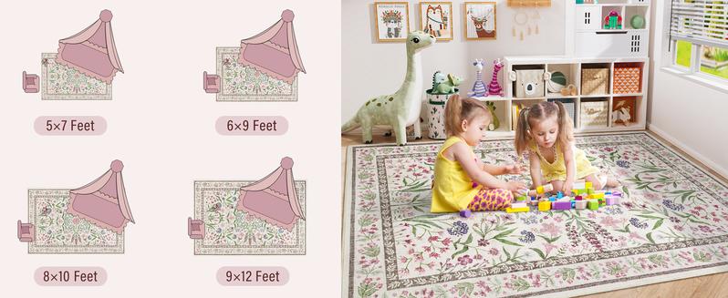 Amearea 8x10 Area Faux Cashmere Rugs for Living Room, Washable Area Rugs 8 x 10 Pink Floral Rug, Vintage Low Pile Cute Room Print Carpet, Non Slip Office Nursery Bedroom Dining Room Farmhouse Decor