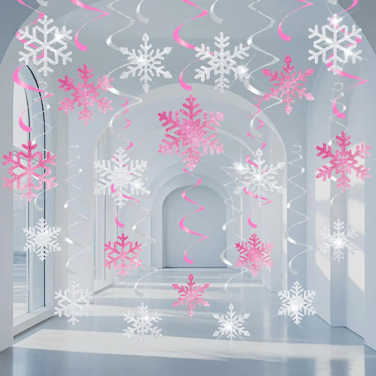 20 count Winter Snowflake  Swirls Decorations -   Winter  Ceiling Streamers Glitter Snowflakes Garland for Christmas Winter Wonderland Frozen Party Supplies