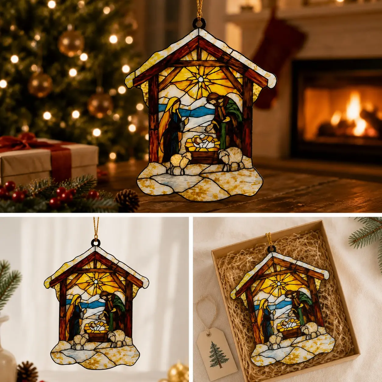 Colorful Glass Jesus Birth Scene Hanging Ornament, Christmas Tree Decoration, Religious Saint Family Window Decor, Holiday Gift