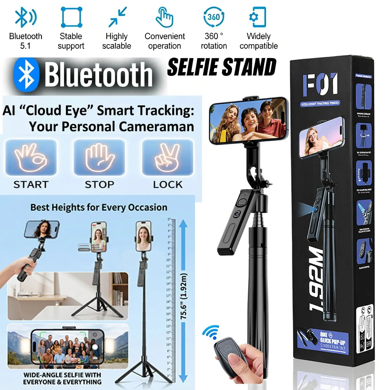 Automatic Face Tracking Extendable Tripod Selfie, 360 Rotating Tripod with Remote Control, Compact Portable, Max Extension Up to 75.6 Inches