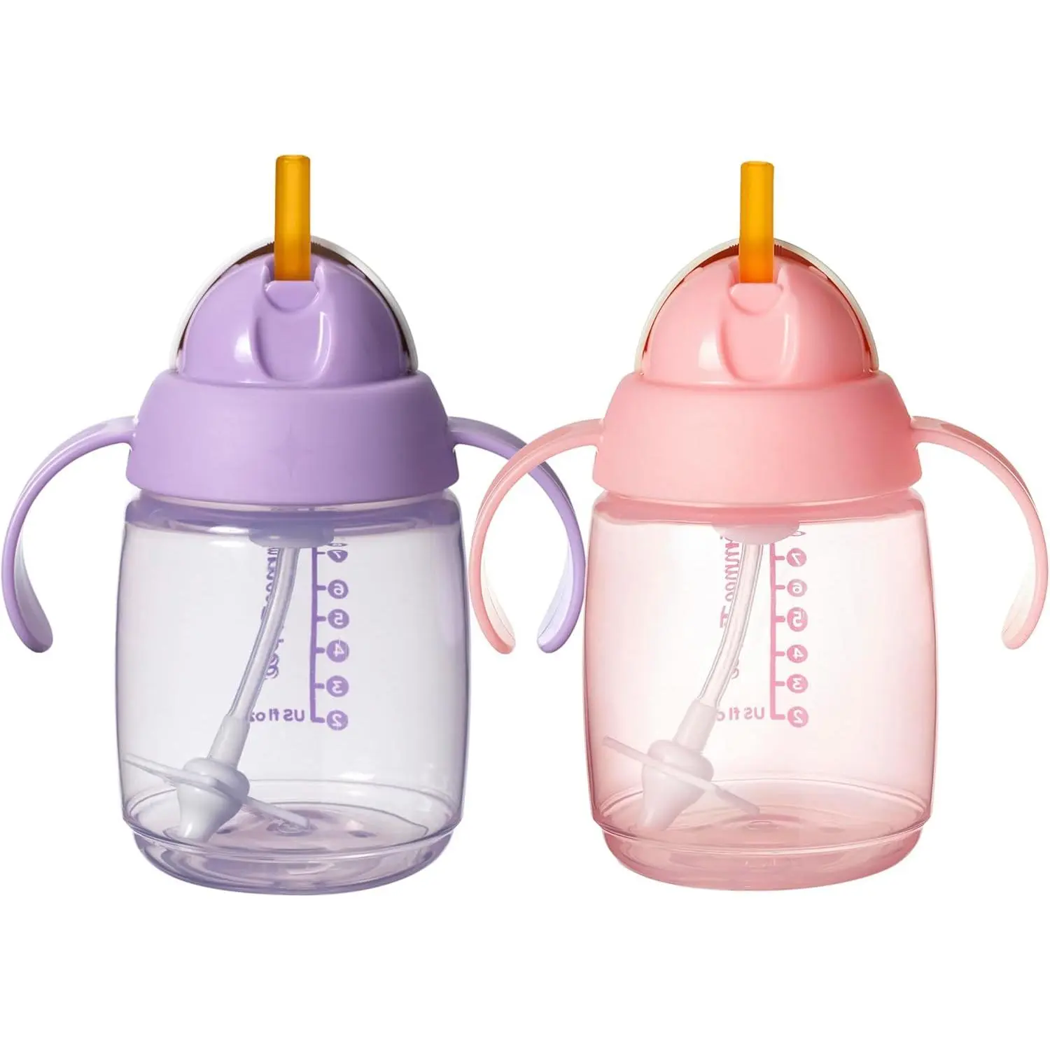 Starter Weighted Straw Baby & Toddler 8oz Sippy Cup for 6 Months+, with Silicone Weighted Straw and Easy-Hold Handles, BPA Free, Pink & Purple, Pack of 2