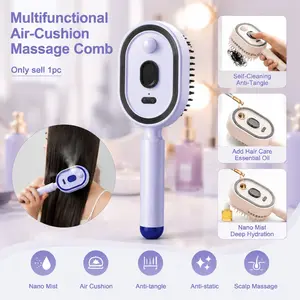 1 PC Electric Spray Air Cushion Massage Comb, Nano Mist Detangling Hair Brush, Detangler Brush, Self-Cleaning Anti-Tangle Anti-Static Volumizing Scalp Massage Hair Tool for Daily Styling Detangling Hairbrush