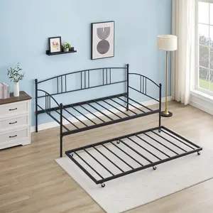 Metal Twin Daybed with Pullout Trundle, 6 Casters, USB Outlet, Steel Slat Support, Durable Sturdy Construction Divan Bed (6-8 in, 74.8 in L x 35.4 in W x 4.3 in H) – No Box Spring Needed, Assembly Required for Living Room, Bedroom