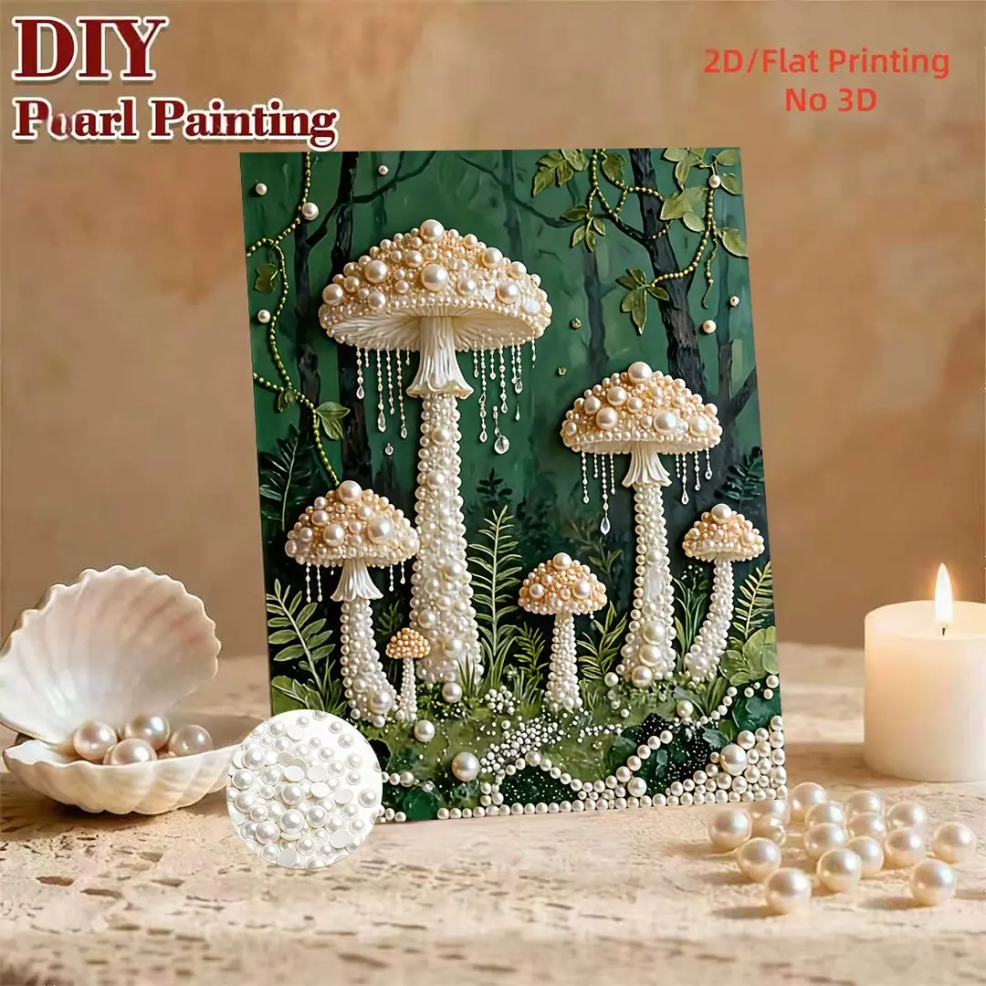5D DIY pearl painting, forest mushroom wall art, shiny round pearl craft, frameless home decor, stress relief DIY kit, holiday handmade gift, multi-color decorative pearl artwork