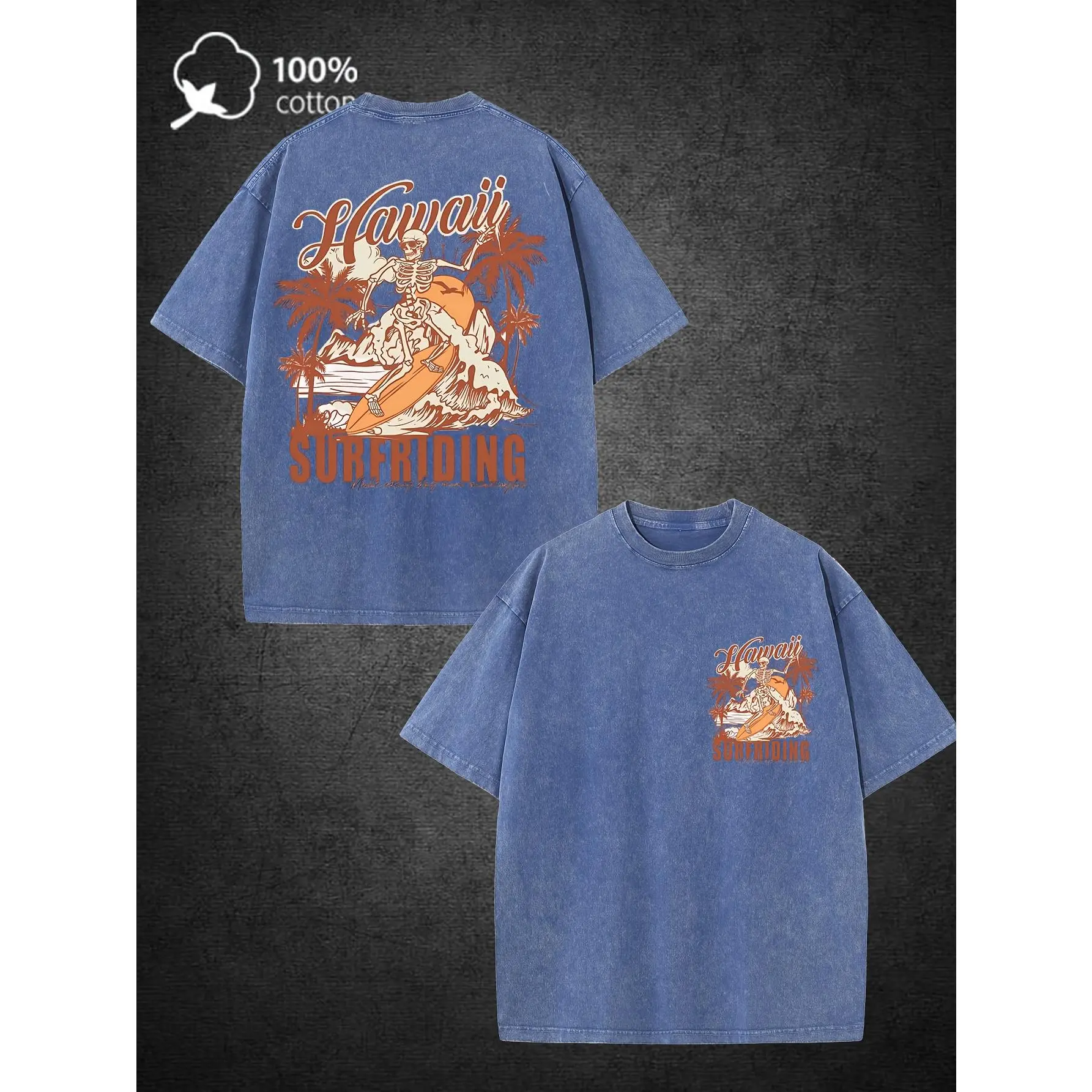 New Washed T-Shirt Men Heavyweight Hawaiian Surf T-Shirt- Retro Surf Pattern Print with Surfboard and Tree Design, Turquoise Washed Effect- Comfortable Loose Beach Shirt Suitable Surfing Trips, Hawaiian Vacations, and Casual Wea