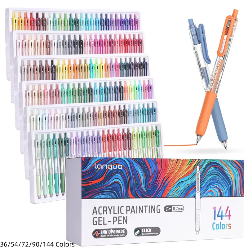 36/54/72/90/144 Colors Retractable Acrylic Gel Pens, 0.7mm Fine Tip Large-Capacity Ink Markers, Vibrant Rich Shades Stackable Color Drawing Pens with Clip for Diaries, Card Making, Coloring, and Doodling Art Supplies, Diy Craft Supply