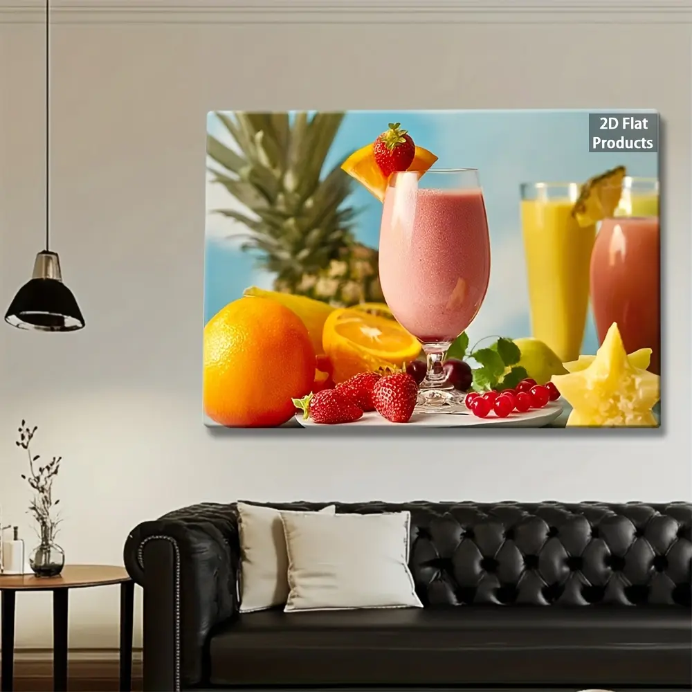 2D Flat Tropical Fruit Smoothie Wall Art - Pineapple, Strawberry, and Banana Printed Canvas Painting, Vintage/Bedroom/Living Room Decoration, Hangable Hawaiian Juice Poster, Suitable for Bedroom, Kitchen, and Other Spaces - Ideal Gift for Home, Office, Cl