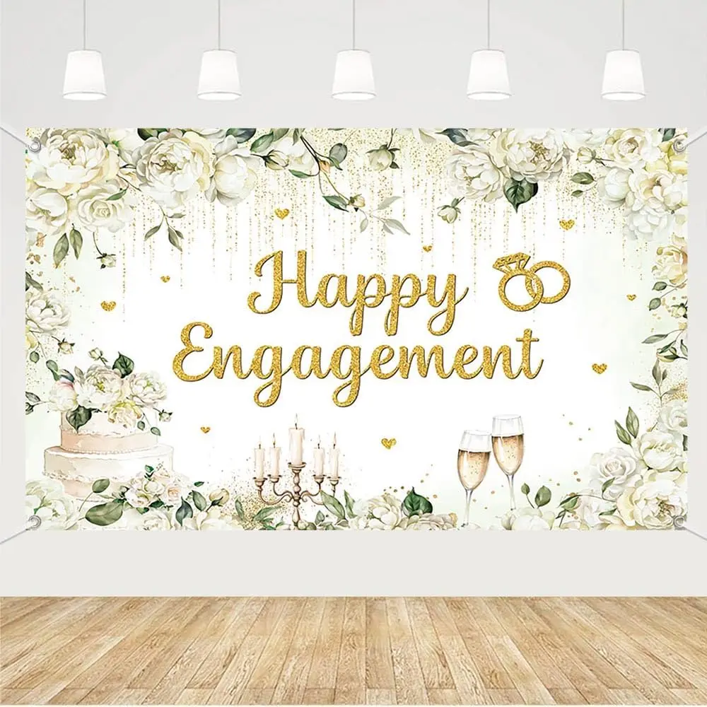 70.8x43.3 inch White Happy Engagement Backdrop, White Floral Mr and Mrs Wedding Background for Couple,Champagne Glitter Just Engaged Party Decorations Proposal Banner Photo Props