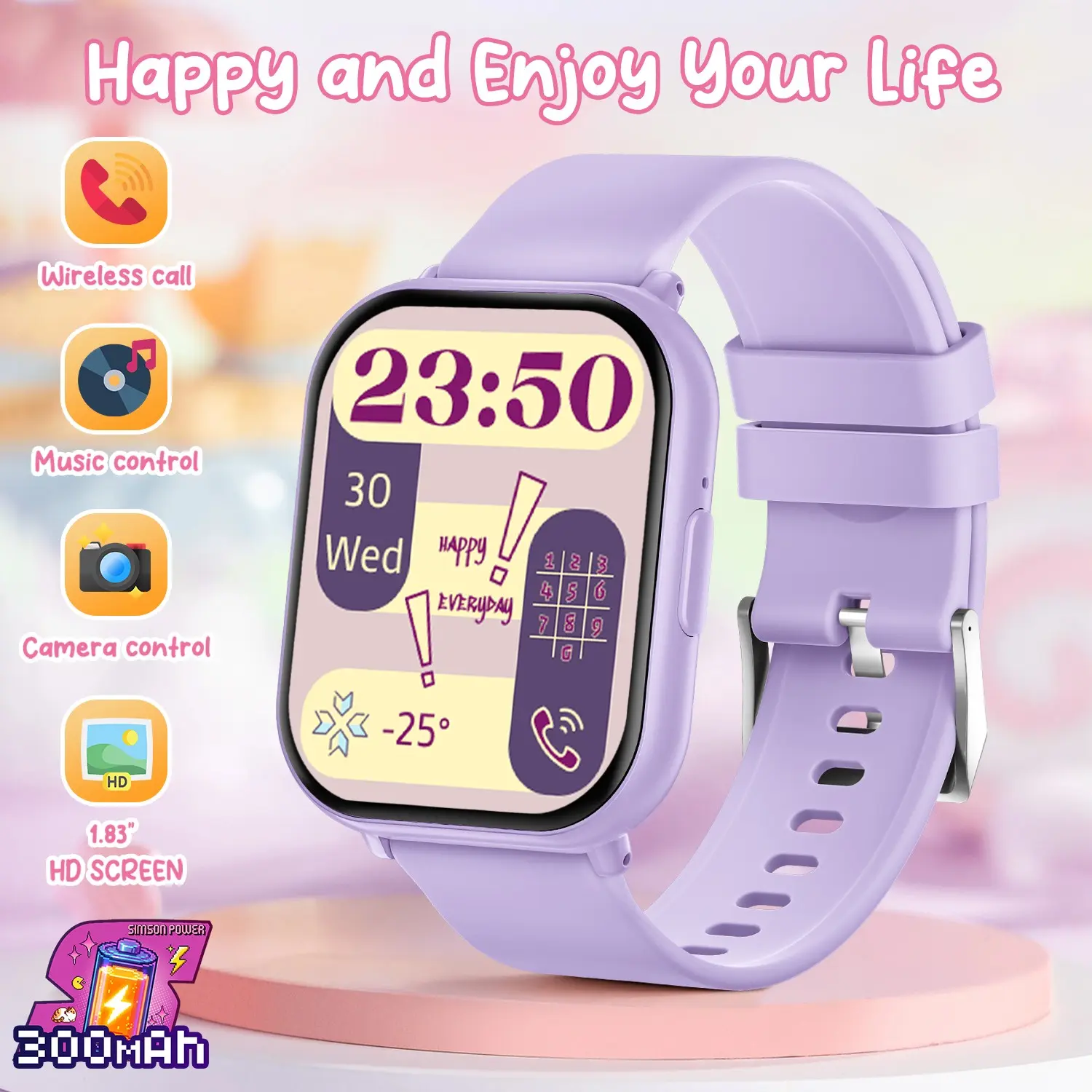 SIMSONLAB Low Power Kid's Smart Watch, Multifunctional Smart Watch, Bluetooth Connection, Drink Reminder, Sedentary Reminder, Wireless Call, Message Alert, Alarm, Weather, Music Control, Camera Control, Calculator, New Year & Birthday Gift for Kids