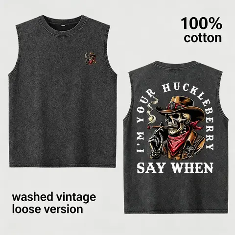 I'm Your Huckleberry Tank Top Men's 100% Cotton Sleeveless T-Shirt Vintage Washed Cowboy Skull Graphic Muscle Vest Loose Fit Gym Tee Streetwear Say When, Western Movie Birthday Anniversary Gift for Husband Boyfriend