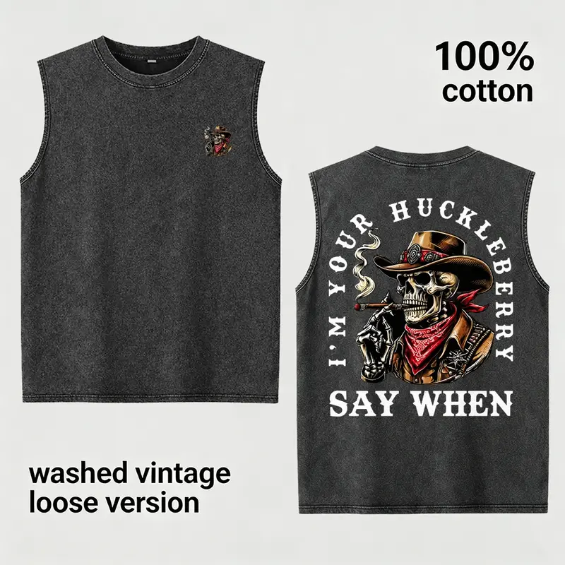 I'm Your Huckleberry Tank Top Men's 100% Cotton Sleeveless T-Shirt Vintage Washed Cowboy Skull Graphic Muscle Vest Loose Fit Gym Tee Streetwear Say When, Western Movie Birthday Anniversary Gift for Husband Boyfriend