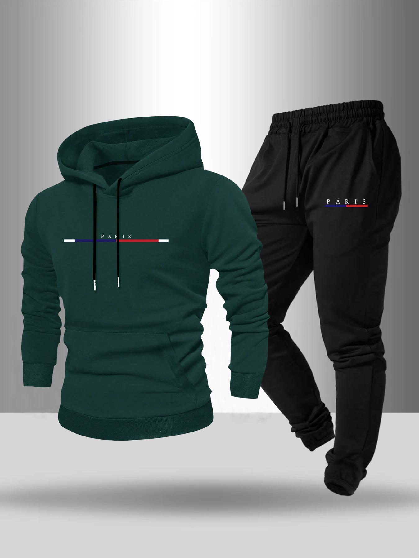 Men's Letter Print Drawstring Hoodie & Pocket Sweatpants Set, Casual Regular Fit Long Sleeve Hooded Sweatshirt & Jogger Pants, Fall & Winter Menswear, Streetwear Tracksuit