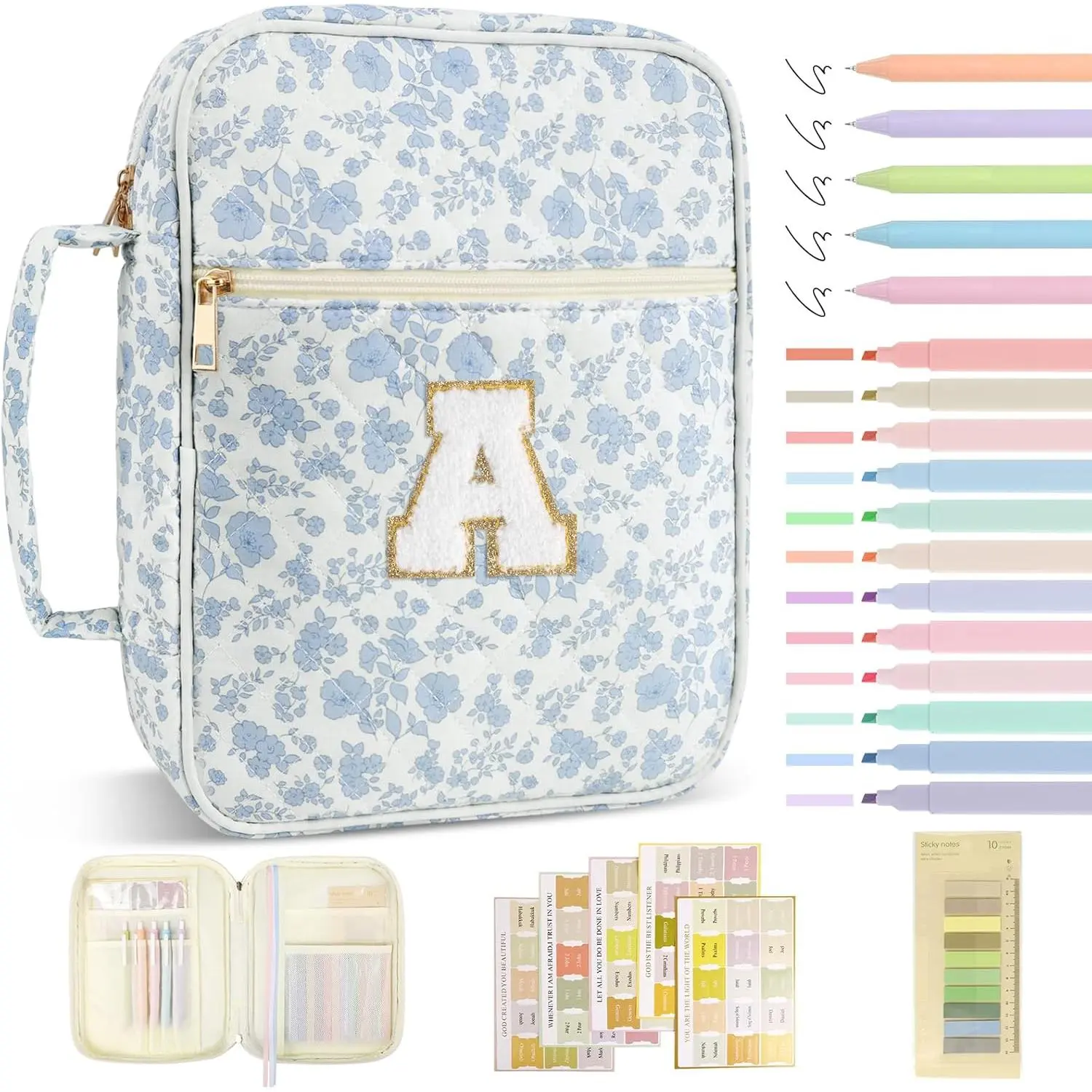 Women's Personalized Initial Quilted Bible Cover Case - Large, Elegant Quilted Design, Quilted Fabric, Chenille Letter, Handle, Church Traveling Supplies, Christian Gift (Blue Flower-A), Initial Letter, Zipper Closure, Family, Kid, 10.8 X 8.46 X 2.16 Inch