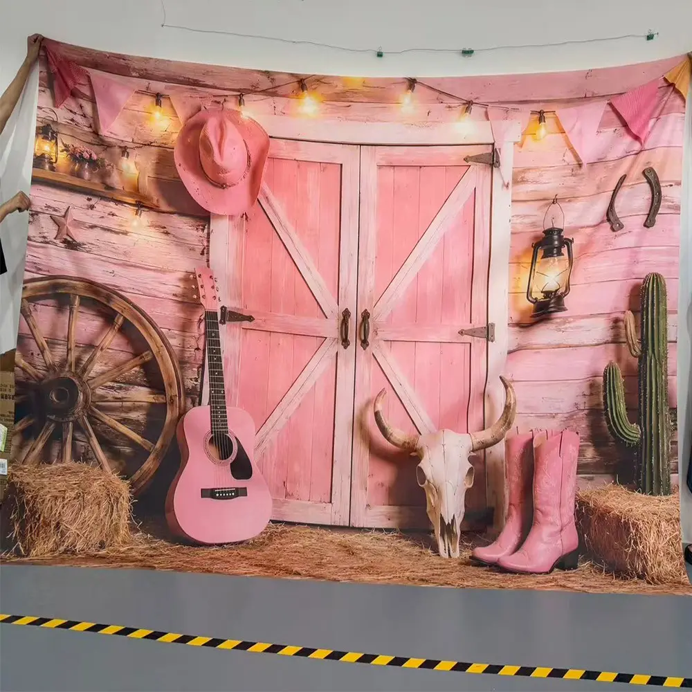 1PC 2D Flat Pink Wooden Cabin Cowboy Guitar Cactus Western Party Backdrop, Polyester Fabric Photography Background Cloth, Suitable for Living Room Bedroom Office, Birthday Anniversary Home Decor Indoor Outdoor Party, Birthday Party Supplies