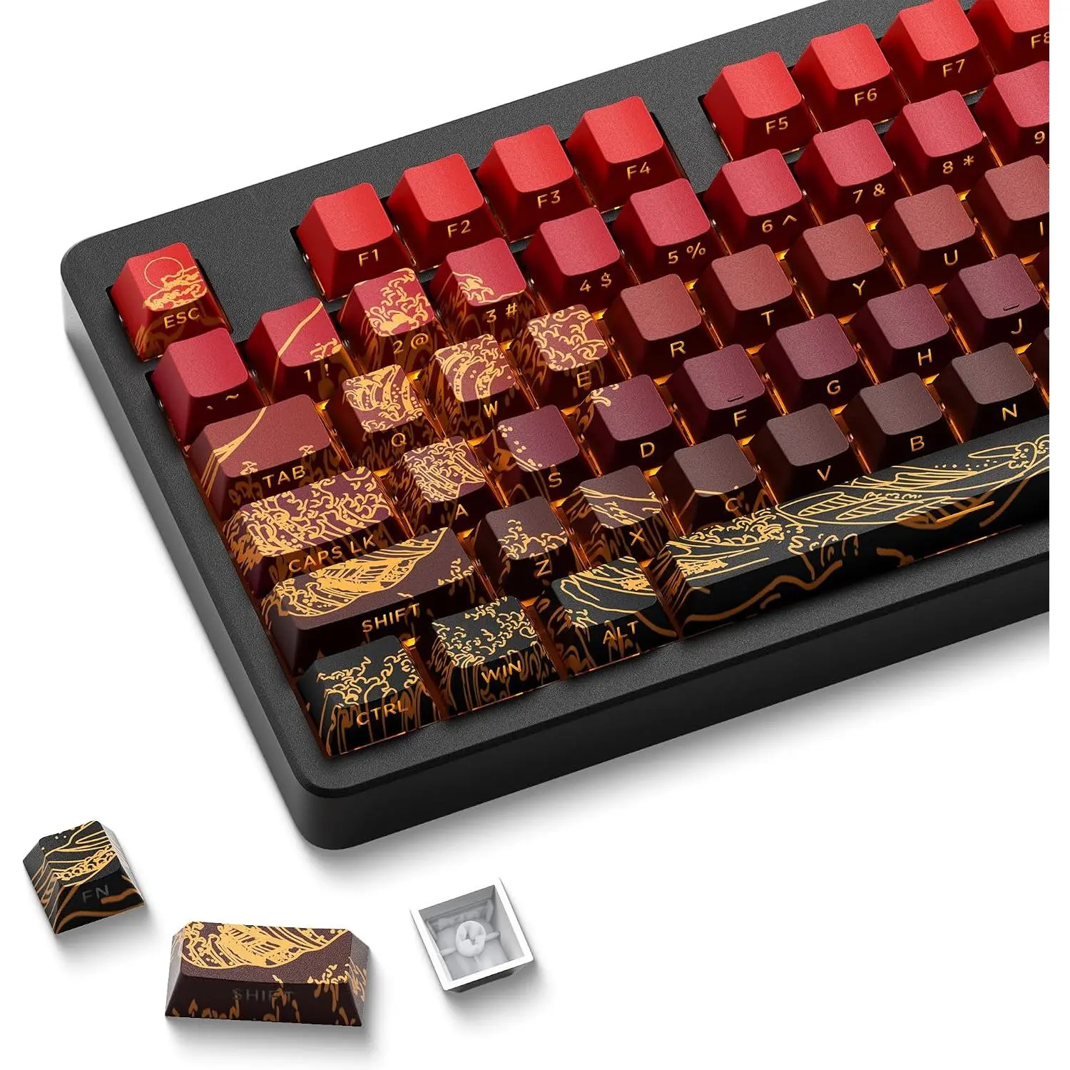 XVX Shine Through Keycaps - Double Shot PBT Keycaps 60 65 75 100 Percent, Side Print Key caps Custom 131  Set, Dye Sub Wave of Kanagawa Key caps for Mechanical Keyboards