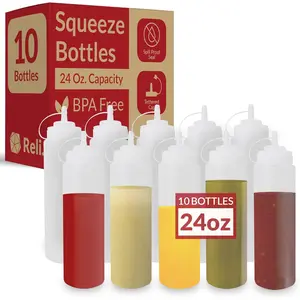 Plastic Squeeze Bottles, 24 oz, 10 Pack, Clear Condiment Squeeze Bottles for Sauces with Tethered Caps for Hot Sauce, Ketchup, Olive Oil and Other Liquids