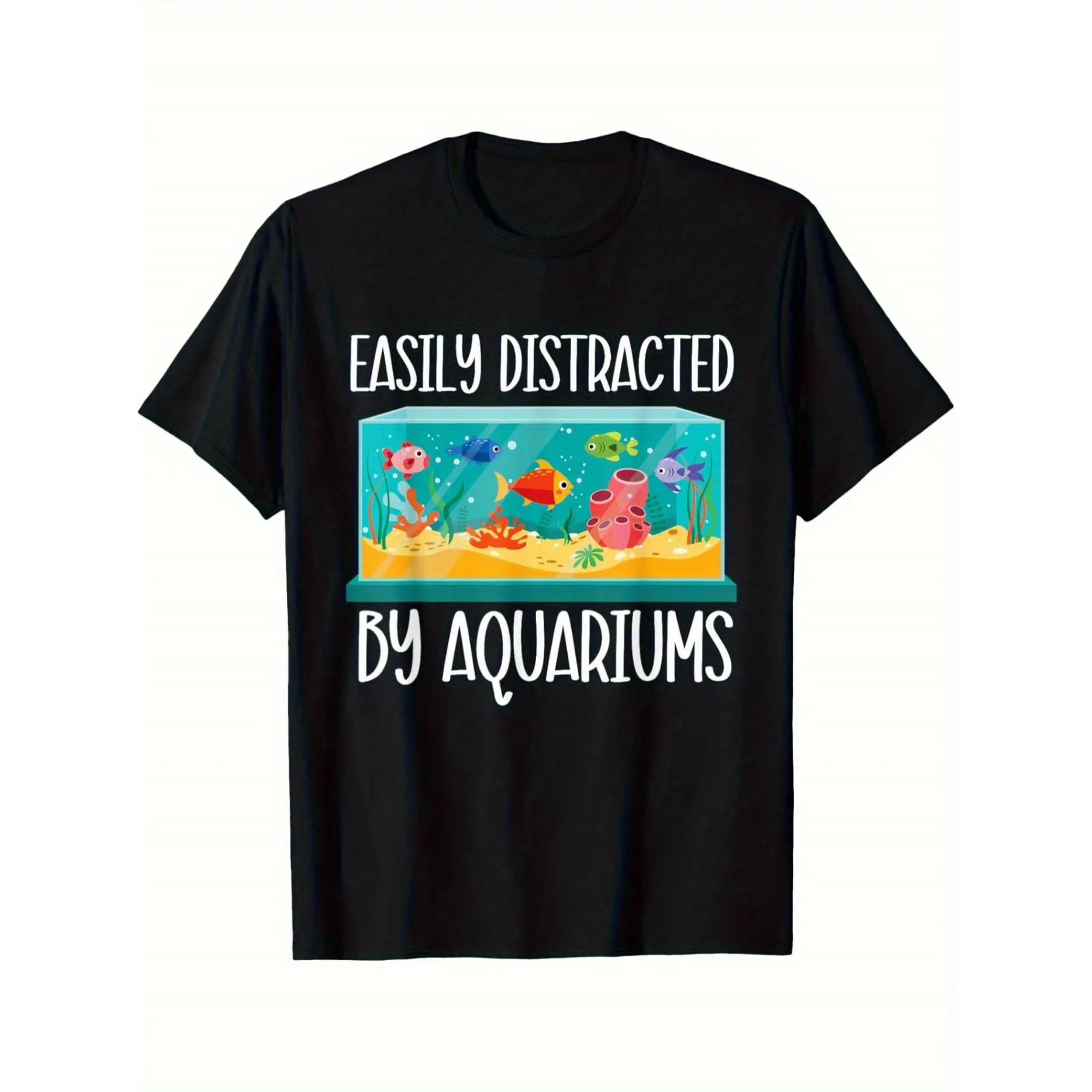 Men's Aquarium-Themed T-Shirt with Fish & Aquarium - Round Neck Short Sleeve Casual Tee Suitable for Fish Hobbyists, Aquarium Keeper Outfit, Machine Washable Fishkeeping Apparel