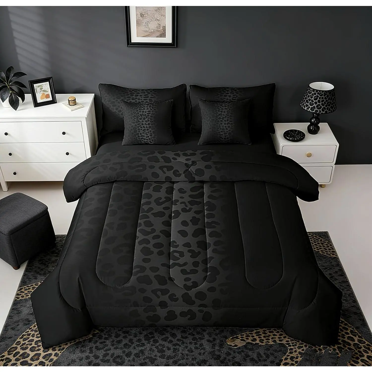 Queen Size Black Leopard Bedding Set 7 Pieces Bed in a Bag, Bedding Set with Sheets All Season, Animal Print Bed Sets with Comforter, Fitted Sheets, Flat Sheets, Pillow Shams and Pillowcases