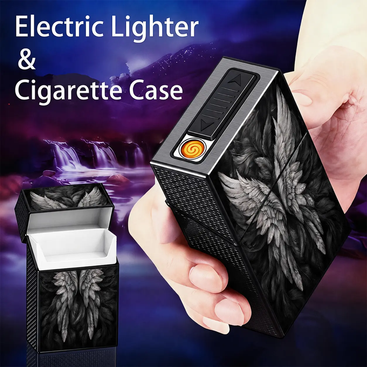 USB Rechargeable 20-Slot Storage Case with Built-In Electronic Lighter, Rich Black and White Wing Design on a Dark Background, Mysterious Ornate Style, Fits 84 mm and 90 mm Items