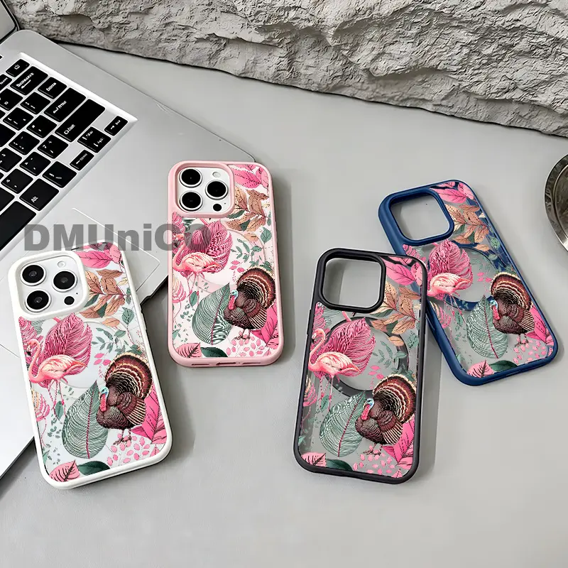 Phone Case:Leaf Flamingo Turkey Printed Phone Case, Transparent Acrylic Magnetic, Macaron Style, Drop Proof Effect, for iPhone 17 E Air Pro ProMax iPhone16 15 14 Plus 13 12 11 X XS XR