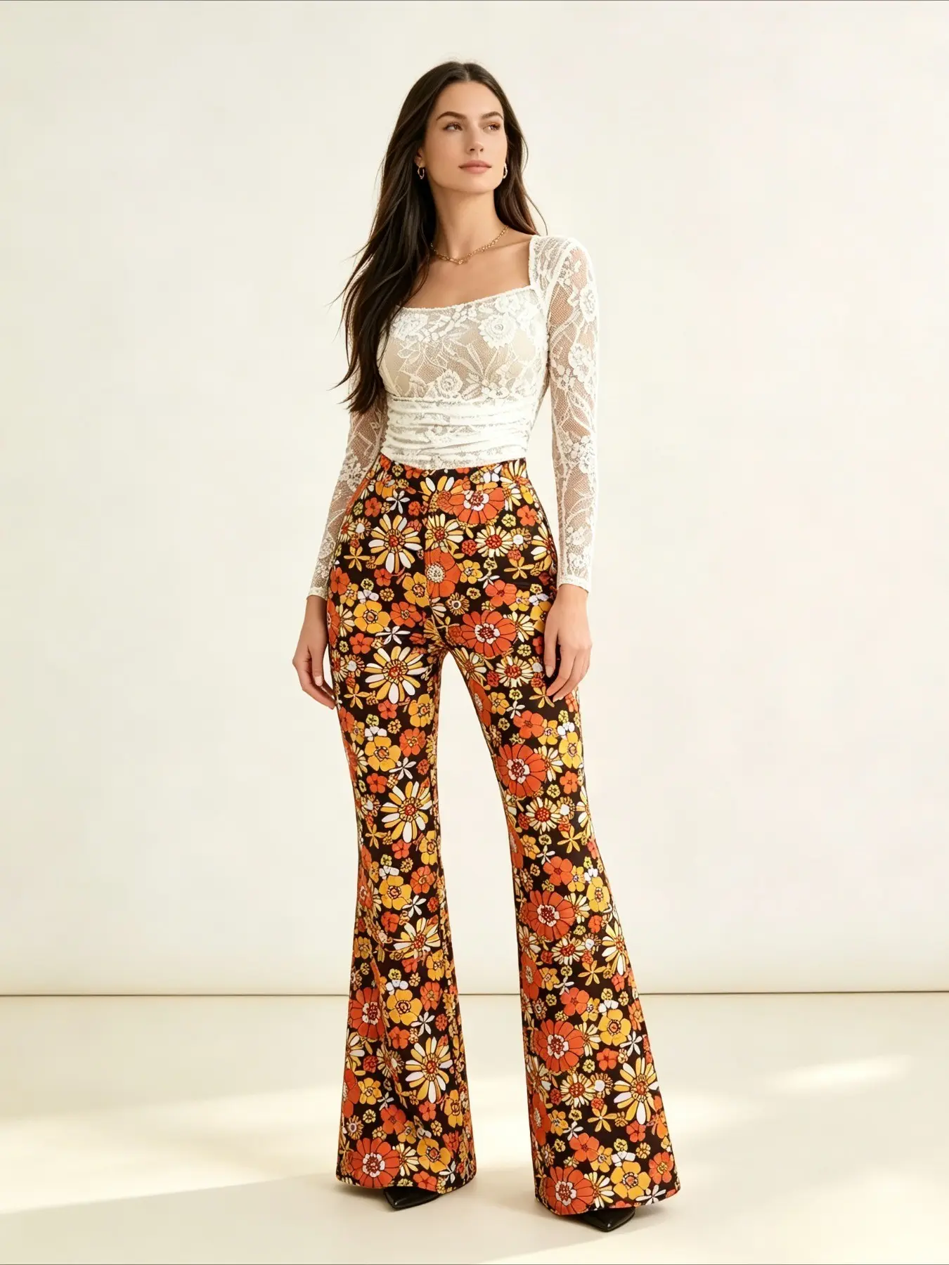 Regular Size Women's 70s Groovy Retro Floral High Waist Elastic Slim Flared Bell Bottom Pants Boho Hippie Trousers For Daily Night Out Party