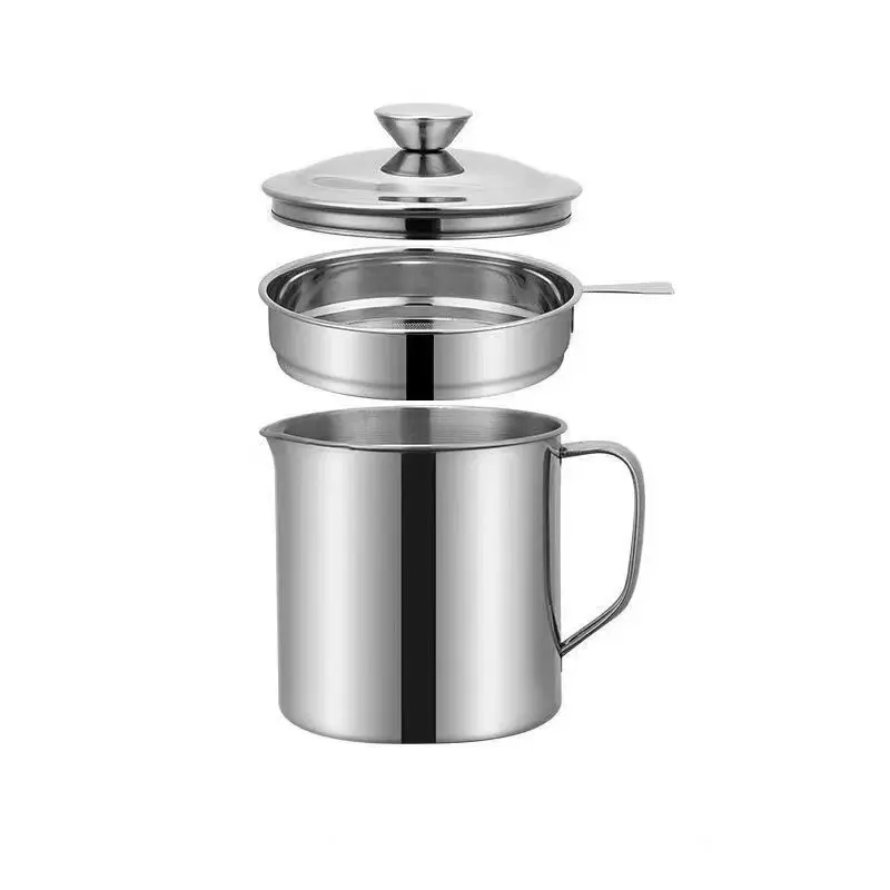 304 Stainless Steel Oil Filter Storage Pot 1.3L with Lid Dust-proof Household Labor-saving Convenient Oil Bottle Anti-scalding and Heat Insulation Residue Separator Oil-saving Cup Oil Filter for Frying
