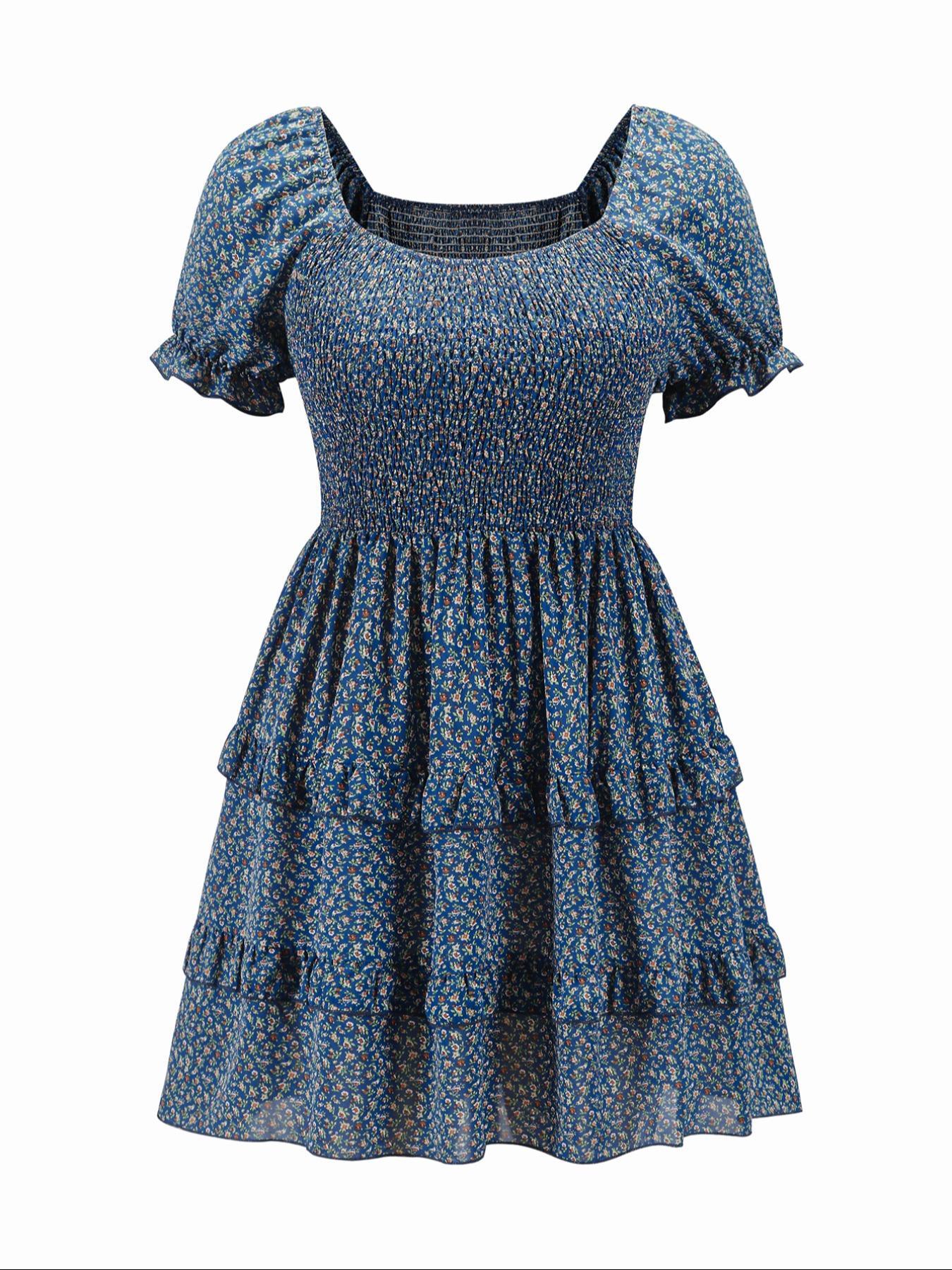 【Plus Size】 Floral Print Frill Trim A Line Dress, Boho Puff Sleeve Shirred Dress for Beach Holiday Vacation, Women's Casual Clothes for Summer