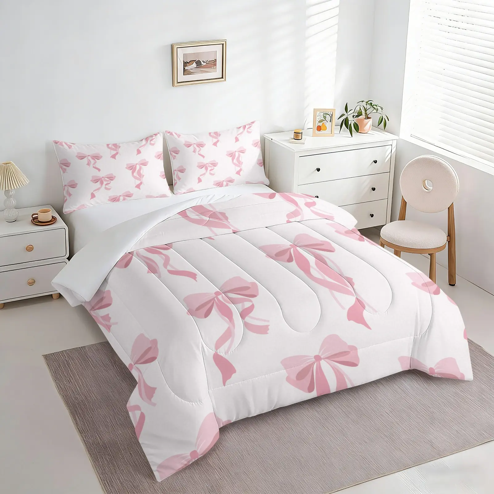 White Background Pink Ribbon Bow Comforter Set, 1 Comforter + 1-2 Pillowcases, Soft Cozy Breathable Microfiber Washable Bedding, Coquette Girly Summer Vibes Quilt Set, All Season Use Suitable for Bedroom Dorm Guest Room