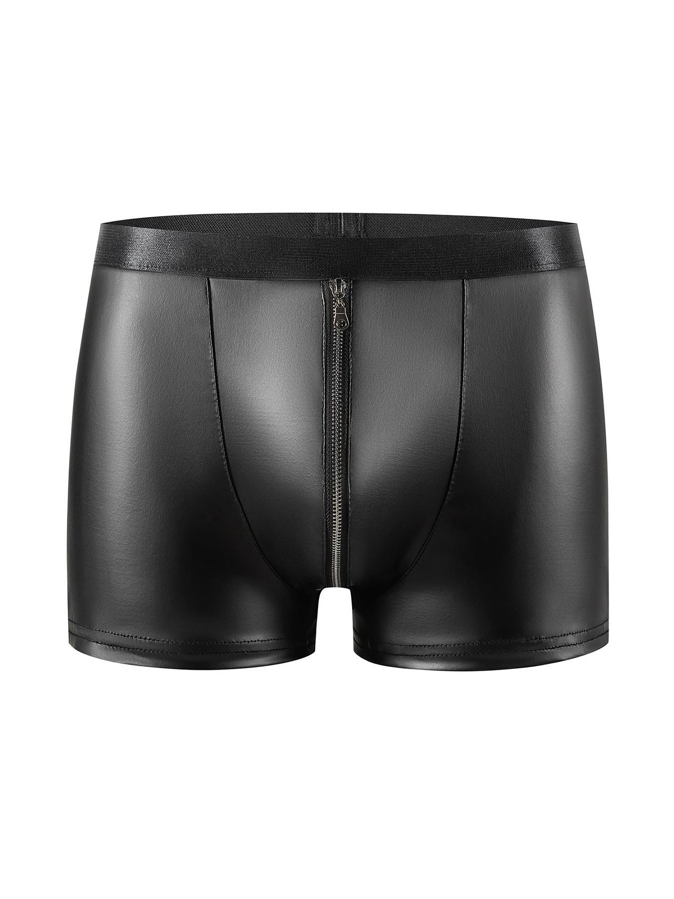 Men's Solid Color Zipper Open Crotch Boxer Briefs, Sexy Comfy Breathable PU Leather Underwear for Daily Wear, Fashion Men's Underwear for All Seasons