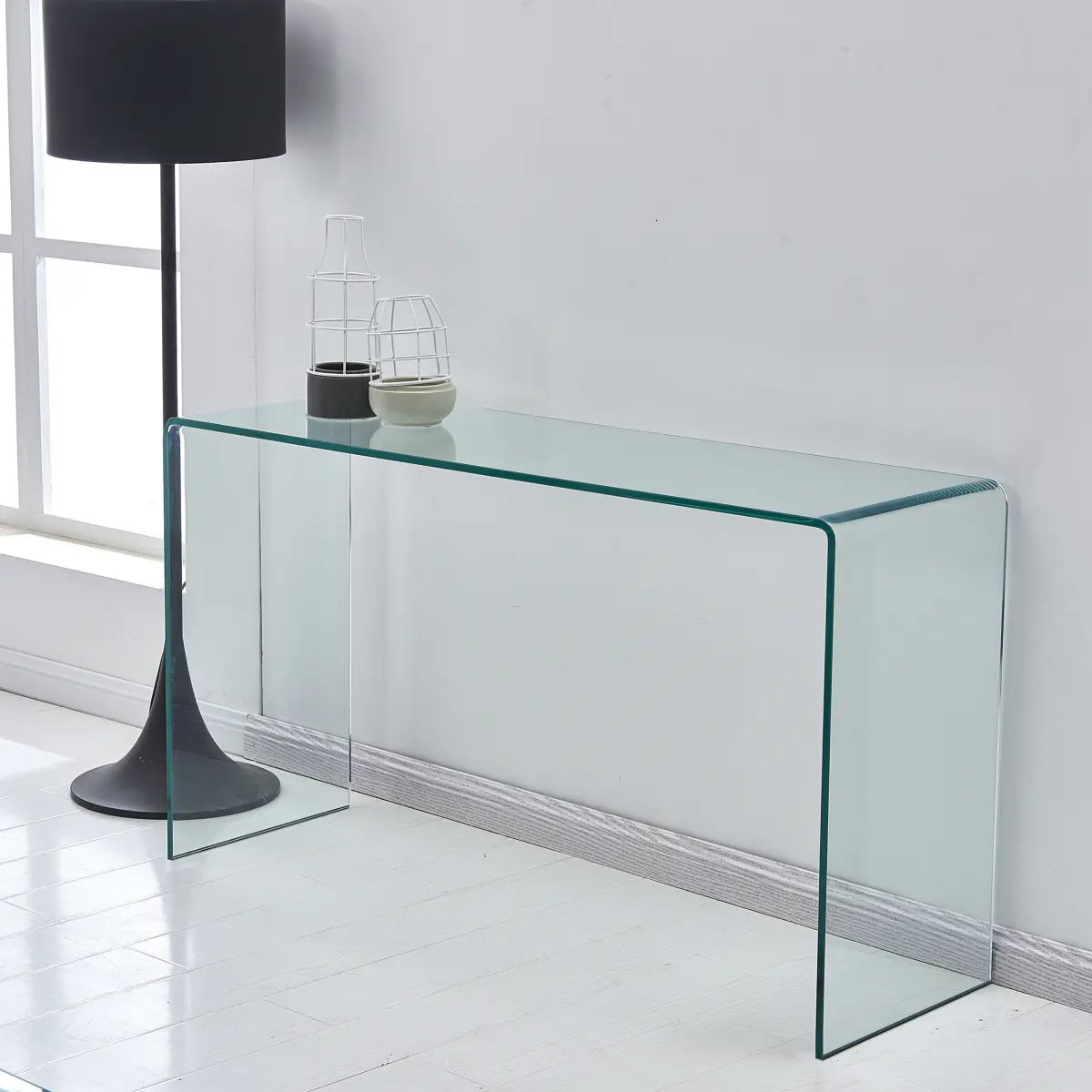 Transparent Tempered Glass Console Table With Rounded Edges Modern Sofa Table For Living Room Bedroom Entryway Furniture