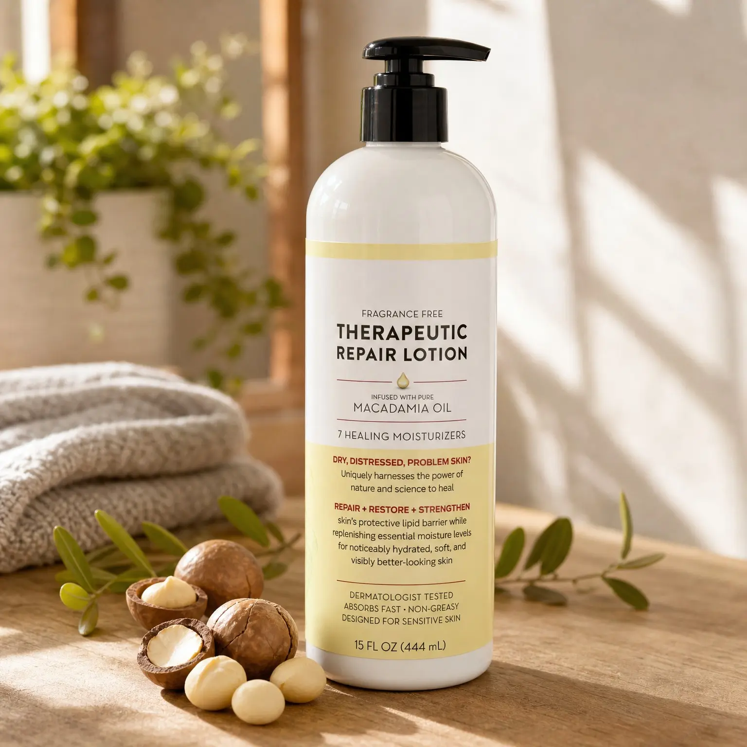 Fragrance-Free Therapeutic Repair Lotion with Macadamia Oil, 15oz – 7 Healing Moisturizers to Repair, Restore & Strengthen Dry, Problem & Sensitive Skin, Dermatologist Tested, Fast Absorbing