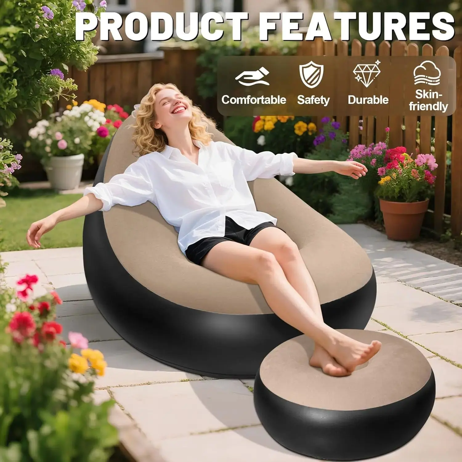 💨Inflatable Lounge Chair for Adults, ✨Folding Portable Lazy Sofa🌟 with Foot Stool Lazy Flocking Recliner Chair Air Couch Sofa 😌for Indoor Outdoor Travel Camping,🏊‍♂️Camping Picnic Beach Chaise Lounges,Comfortable Seat for Relaxing at Home or Office🎉
