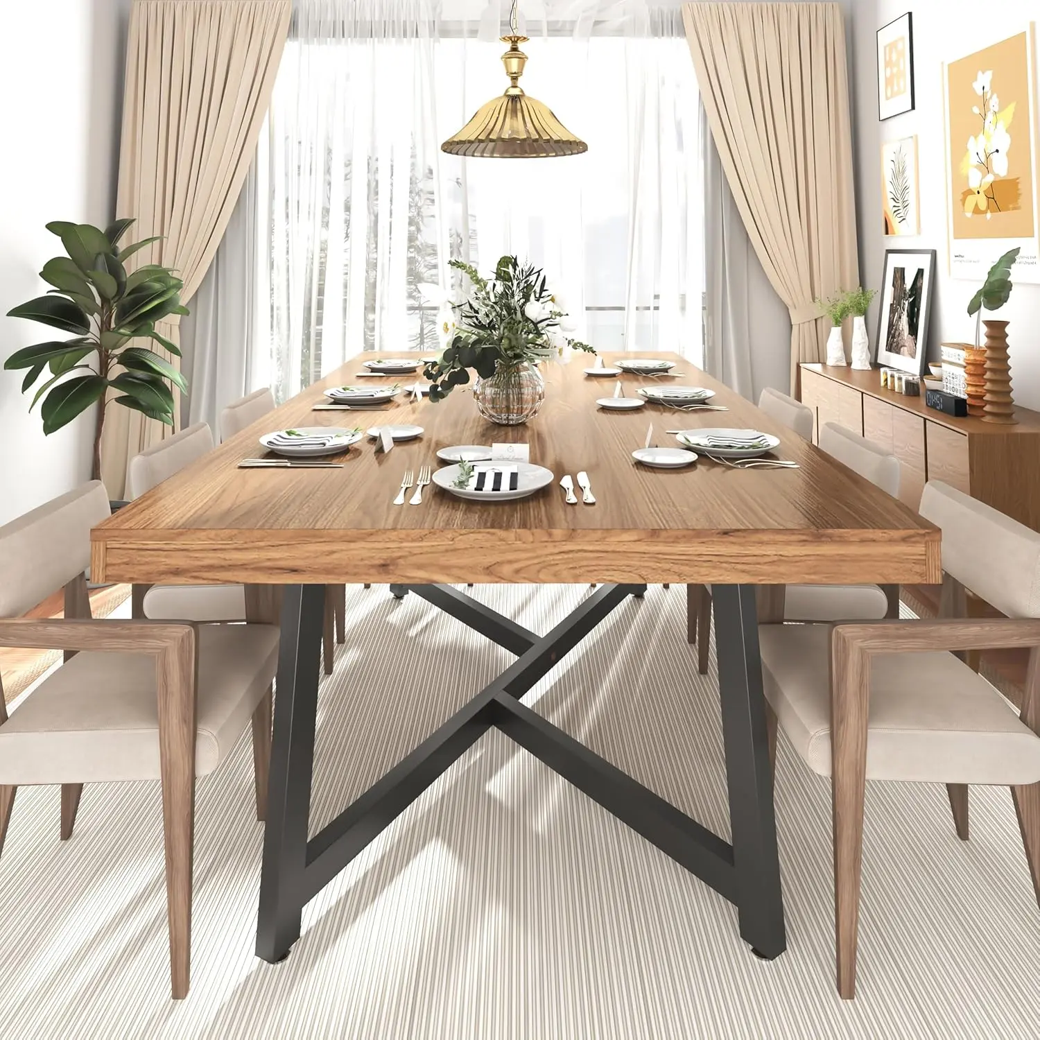 71" Farmhouse Dining Table for 4,6,8 People,Wooden Rustic Kitchen Table W/Thickness Waterproof Wood Tabletop,Rectangular Long Brown Dinner Table for Home Office,Dining Room,Living Room Furniture