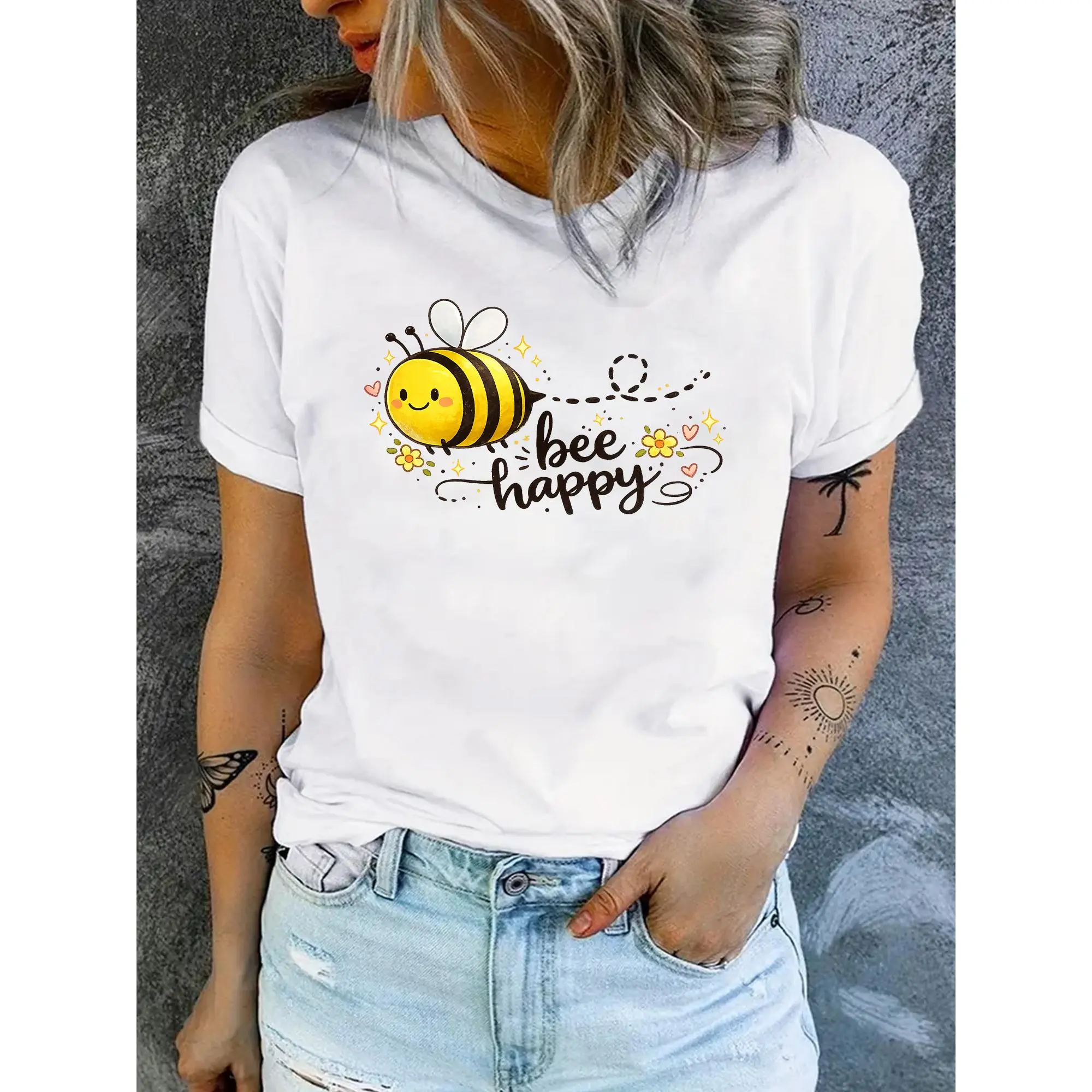 [New Arrival] Bee-Print T-Shirt - Women'S Casual & Vacation Style | Short Sleeve, Crew Neck | Spring/Summer | Machine Washable | Versatile for Streetwear | Fit | Unisex Vintage Graphic Gooner Eat Sleep Goon Repeat Grunge Album Lever Action Rifle
