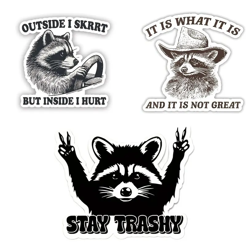 Funny Raccoon Sticker Set, Waterproof Self-Adhesive, 3pcs, for Car, Notebook, Water Bottle, Luggage, DIY Projects, Skateboard, Motorcycle