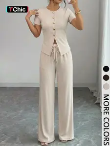 2 Piece Single Row Buttons Front Split Hem Slim Short Sleeve Top Adjustable Drawstring Elastic Waist Wide Leg Straight Casual Matching Set