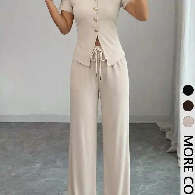 2 Piece Single Row Buttons Front Split Hem Slim Short Sleeve Top Adjustable Drawstring Elastic Waist Wide Leg Straight Casual Matching Set Clothing Sets