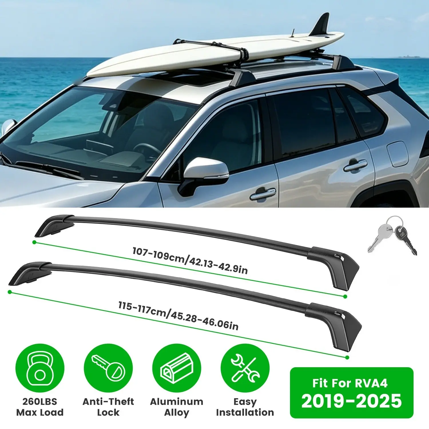 Lockable Roof Rack Cross Bars for Toyota RAV4 2019-2025, 260lbs Heavy Duty Aluminum Alloy Crossbars with Anti-Theft Lock, Flush Side Rails Rooftop Cargo Carrier for Kayak Bike Luggage