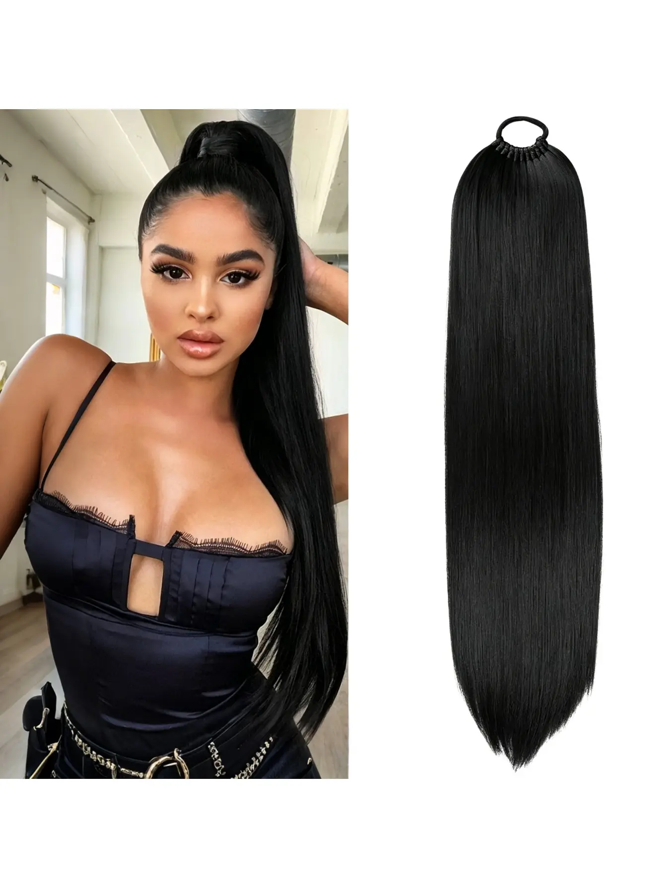 Long Straight Hair Elastics, Ponytail Braided Wrap Hair Bundle, Natural Volume False Hair Tail, Synthetic Fiber Extensions, Suitable for Daily Wear, Women