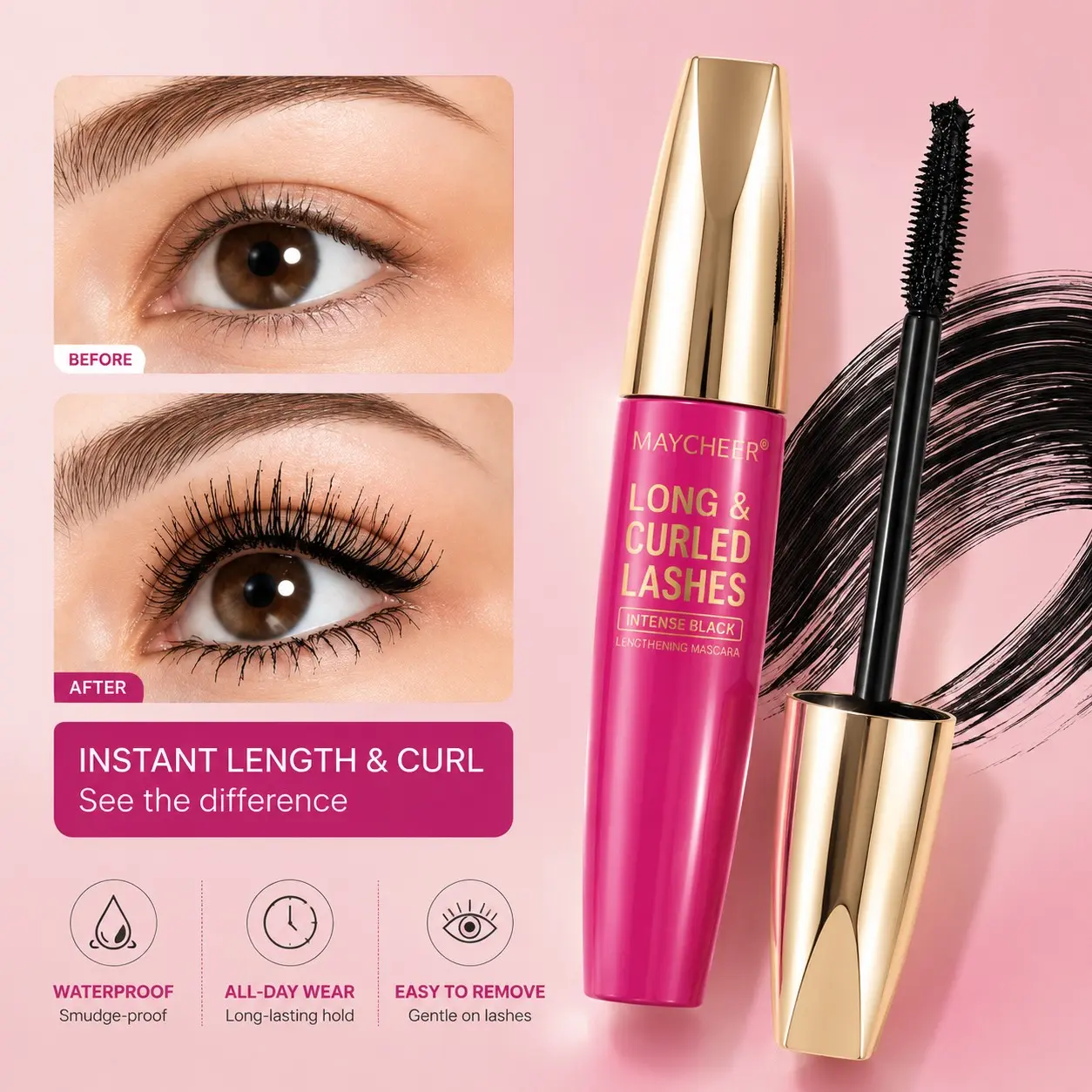 Maycheer Long-Lasting Mascara 6g/0.28oz, Waterproof & Smudge-Proof, 24-Hour Hold, Easy-To-Remove, Gentle Formula